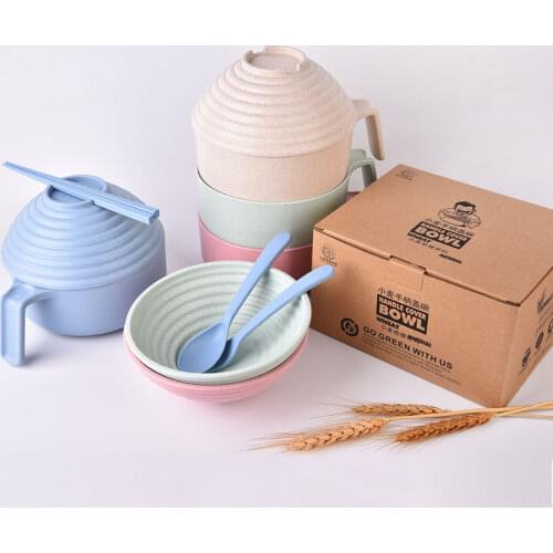 Clearance Sale 1 Set Wheat Straw Dinnerware Sets Eco-friendly Instant Noodle Rice Soup Bowl Sets Outdoor Picnic Tableware Suits
