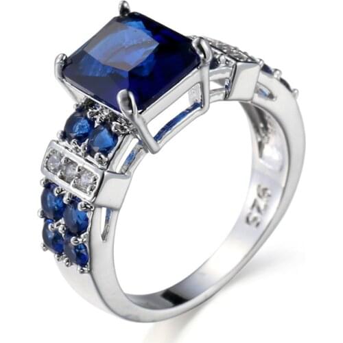 Luxury Silver Plated Princess Cut Royal Blue Zircon Square Shape Ring For Women Jewelry Engagement Best Gifts Ring Size 6-10