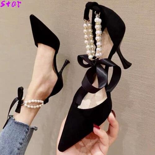Womens High Heels Sexy Womens Sandals Pointed Toe Stiletto Pearl Ankle Straps Womens Shoes Party Womens Single Shoes Black