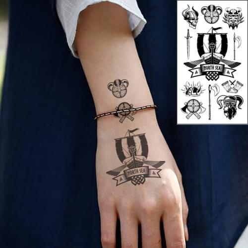 Waterproof Temporary Tattoo Sticker Horn Hat Warrior Pattern Knife Ax Sword Word NORTH SEA Flash Tatoo Fake Tatto for Men Women