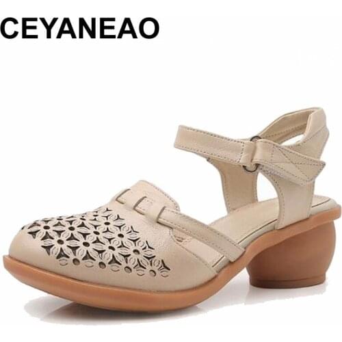 CEYANEAO 2019 Women Thick Heels Sandals Covered Toe Shoes Ethnic Style Summer Genuine Leather Hollow Women SandalsE1891