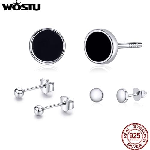 WOSTU Real 925 Sterling Silver Stylish Black Circle Stud Earrings For Women Wedding Small Earrings Fashion Jewelry Gifts CQE694