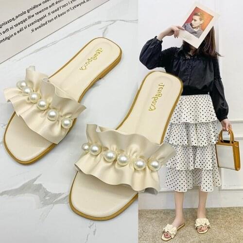Fairy Style Pearl Lace Sandals And Slippers For Womens Outer Wear 2021 Summer New Beach Sandals Large Size Slippers