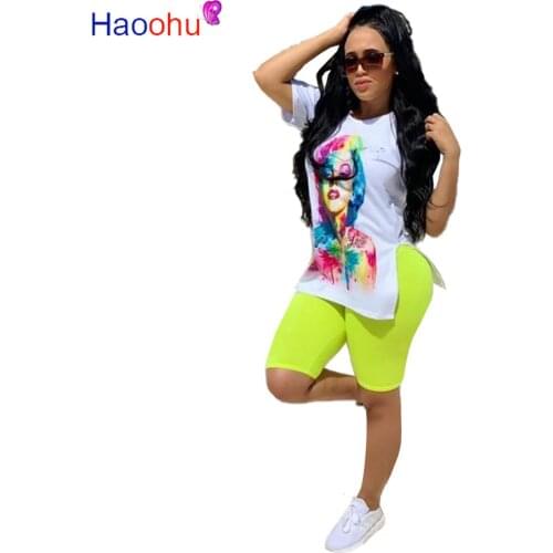 Autumn Womens set character print side slit t-shirt pencil knee length pants suit two piece set fashion tracksuit outfit