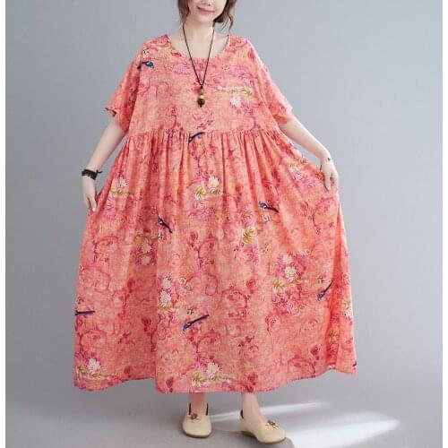 Orange Pink Dress 2021 New Arrival Thin Soft Cotton Loose Summer Dress Print Floral Fashion Women Travel Casual Long Maxi Dress