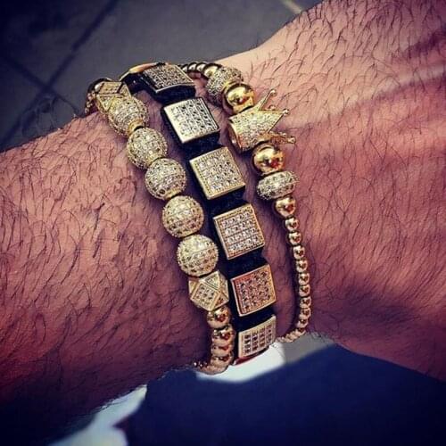 3pc/set Luxury CZ Micro Pave Crown Charm Square Ball Beaded Braided Adjustable Bracelet Women Men