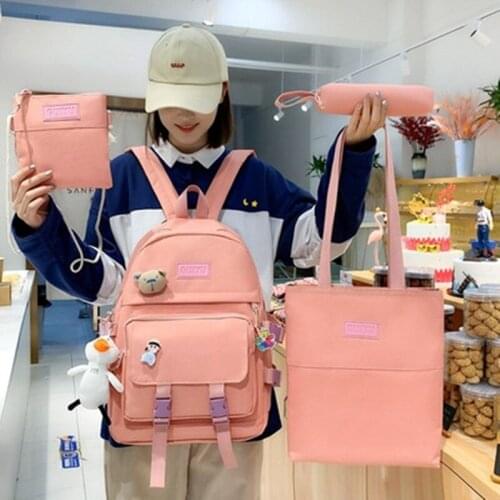 4pcs/set College Student Ladies Cute Backpack Women Flower Female Harajuku School Bags Book Kawaii Backpack Nylon Girl SchoolBag