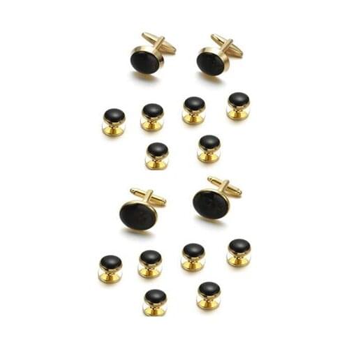5sets/lot Cassic Gold Tuxedo Cuff Links Collar Studs 8pcs Set Black Enamel Cufflinks Buttons Set Mens Jewelry