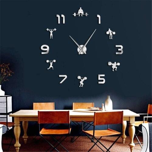Large Weightlifting Fitness Room Wall Decor DIY Giant Clock Mirror Effect Powerlifting Frameless Wall Clock Hercules Wall Watch