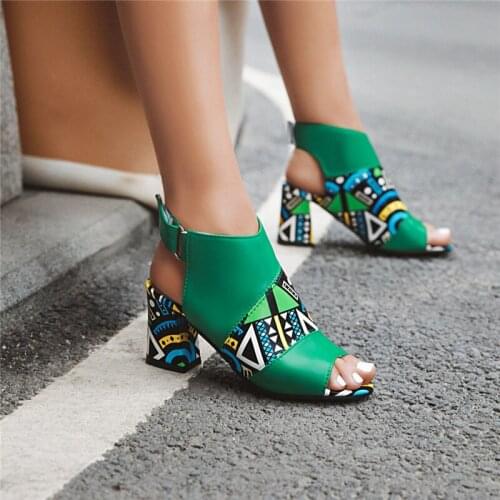 YQBTDL Summer 2020 Green Yellow Sandals Ankle Hook Loop Block High Print Heels Slingback Purple Shoes Women Peep Toe Lady Sandal
