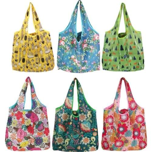Environmentally Friendly Portable Foldable Shopping Bag Ladies Flower Fruit Vegetable Grocery Bag Flower Cloth Square Bag