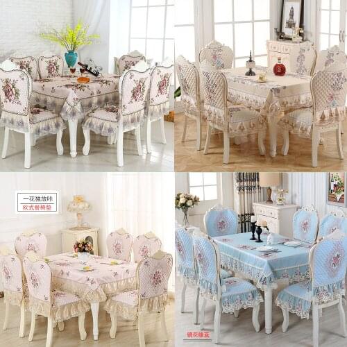 European Linen Dining Tablecloth Chair Cover Cushion Set Classical Jacquard Lace Table Cover Round\Rectangle Furniture Cover