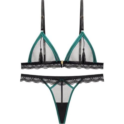 Sexy Wireless Unlined Bra See-through Lingerie Set Lace Front buckle Bra and G-string Thong Set