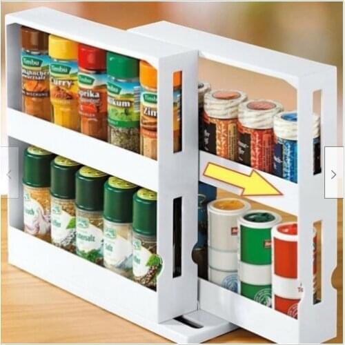 Kitchen Spice Organizer Rack Multi-Function Rotating Storage Shelf Sliding and Rotating Drawer Practical Durable Kitchen Storage