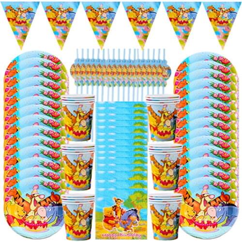 66pcs Cartoon Disney Winnie the Pooh Theme Disposable Tableware Set Plate Napkin Cup Straw Birthday Party Decoration Kids Favor