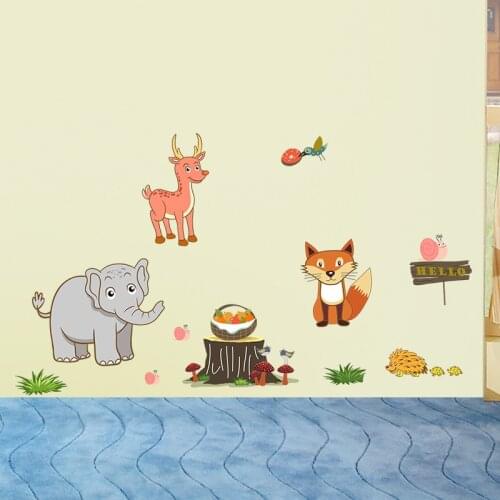 New Cartoon Animal Wall Stickers Elephant Deer Fox Art Decals for Kids Room Home Decoration Living Room Poster Murals PVC