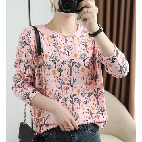 2021 Spring And Autumn New Cotton Pullover Blouse Womens Round Neck Long-Sleeved Printed Sweater All-Match Bottoming Shirt