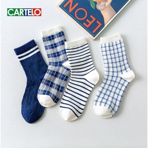 CARTELO New Women Check Stripe Socks Ladies Cute Middle Tube Socks Colorful Cusal Girls Breathable Cotton Adult Casual Sox