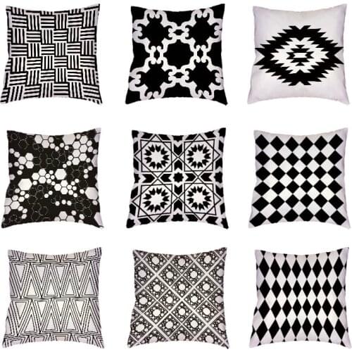 Popular Black and White Geometric Pattern White Cushion Cover Printed Car Home Decor Peach Skin Lumbar Support Throw Pillow Case