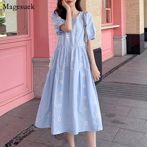 Puff Short Sleeve Flower Dress Women Summer Sweet Elegant Plus Size Blue Dress Female Casual Party Elegant Dresses Vestido 14415