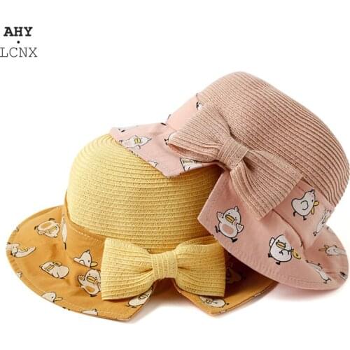 Cute Chick Pattern Bow Summer Straw Hat For Girls Boys Panama Cap Toddler Girl Bucket Bonnet Baby Fisherman Sun Hats Beach Cap