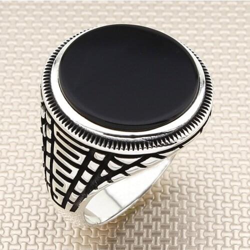 Modern Round Black Onyx Stone Men Silver Ring Made in Turkey Solid 925 Sterling Silver