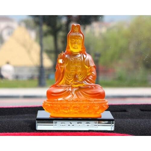 17cm tall -HOME Office SHOP Temple Spiritual safe protection Bless family # yellow crystal Lotus GUANYIN BUDDHA FENG SHUI statue