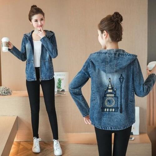 2021 Spring Autumn New Denim Jacket Korean Fashion Loose With Hood Embroidery Long Sleeve Student Womens Short Coat Zippers Top