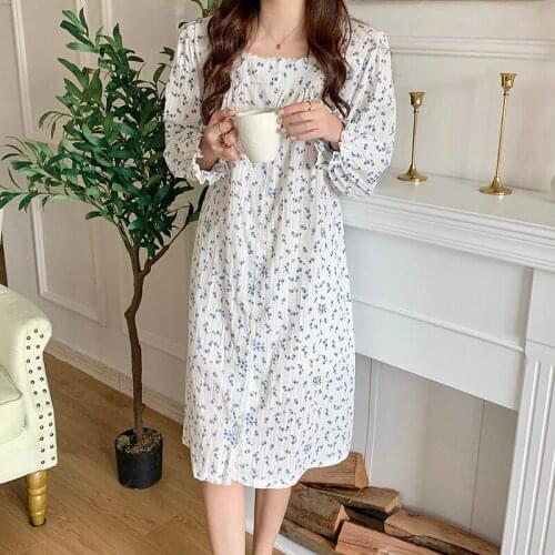 Blue Floral Autumn Nightgown Women Square Collar Long Sleeve Vintage Long Sleepwear Sweet Cotton Homewear Cotton Soft