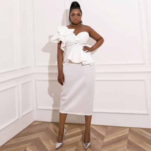 Plus Size Women African Clothes Suit Temperament Off-Shoulder Ruffle Tops Commuter Set Prom Evening Dress Outfits YS1800