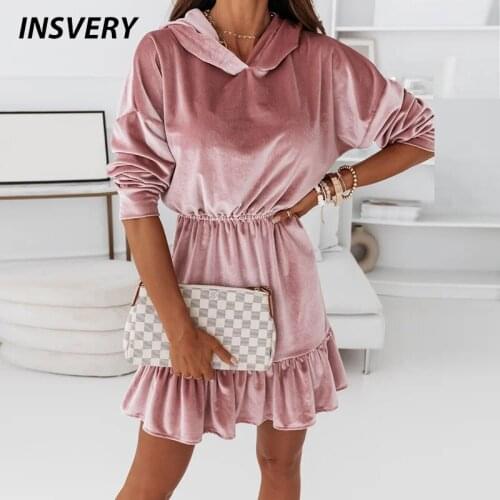 Golden Velvet Mini Dress Women Hooded Long Sleeve Party Dresses For Women Elegant Ruffle Elastic Waist Autumn Winter Short Dress