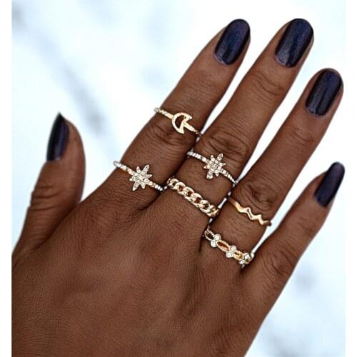 6Pcs/Set Vintage Bohemian Moon Star Round Wave Knuckle Joint Rings Set For Women Gold Finger Rings Jewelry Wedding