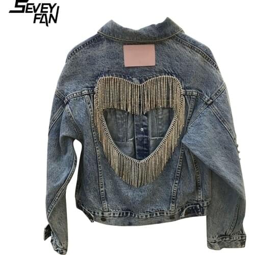 Punk Rivet Denim Jacket Rhinestone Tassel Heart Vintage Blue Jeans Jackets Spring Autumn Fashion Oversized Short Coat for Female