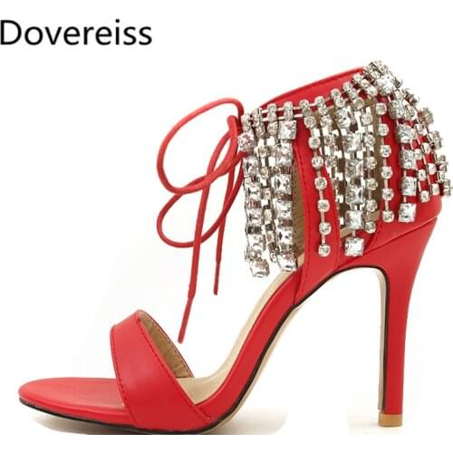 Dovereiss Fashion Womens Shoes summer new Elegant Pure color red Mature Crystal rhinestone Narrow band Sandals 32-45