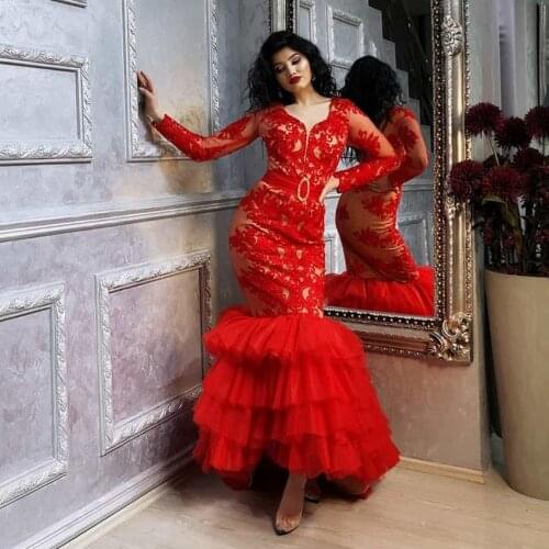 Elegant Red Mermaid Evening Dresses Custom Made Sexy V Neck Long Sleeves Formal Party Dress Tulle Tiered Ruffles Prom Gown