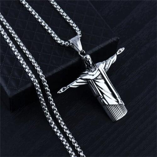 Christian Orthodox Crucifix Jesus Necklace Rio De Janeiro Cross Prayer Large Pendant Silver Color Cross Pendant Necklace