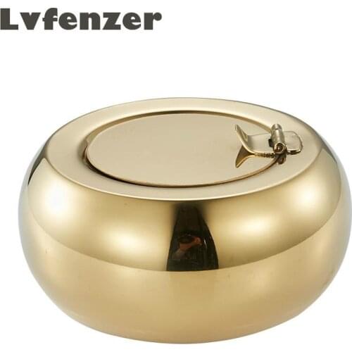 Creative Drum Type Stainless Steel golden black Windproof Ashtray with cover