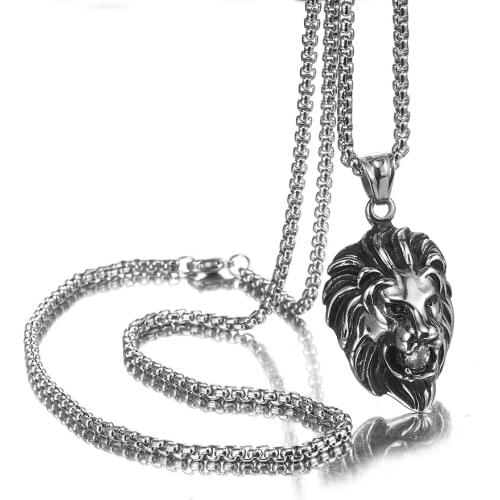 Mens Jewelry Cool Silver Stainless Steel Animal Lion Pendant with one Stone in mouth free box Chain Necklace Boy gift