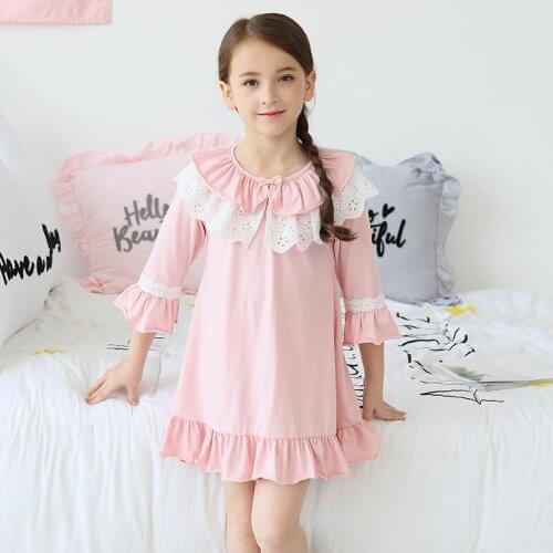 Fashion Baby Girls Nightdress Thin 100% Cotton Lace Nightgowns Children Home Clothes Princess Costume 2y-14y