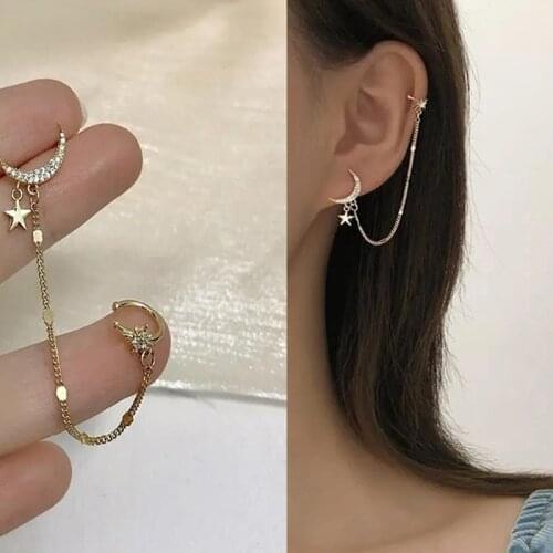 New Simple Moon Star Rhinestone Long Chain Earrings For Women Shine Sun Crescent Geometric Tassel Piercing Earring Party Jewelry