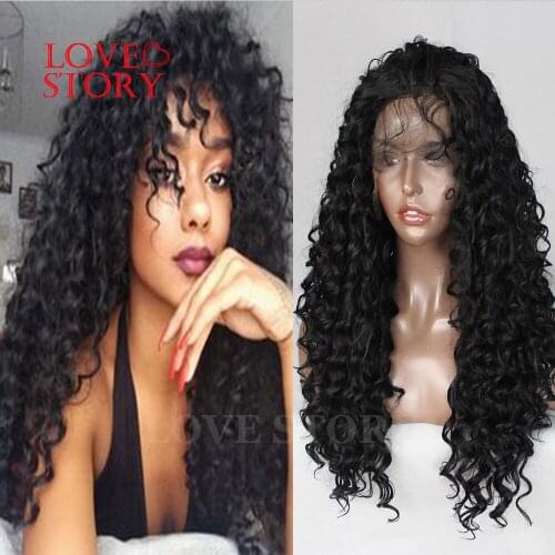 Lovestory Black Color Lace Front Wig With Babyhair Kinky Curly Heat Resistant Fiber Synthetic Lace Front Wigs