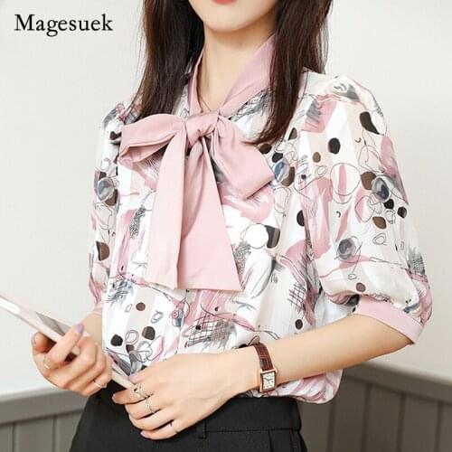 Chiffon Clothes Womens Summer Blouses Vintage Print Shirts Short Sleeve 2021 Korean Style Office Lady Scarf Collar Blusas 10084