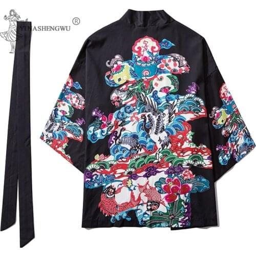 Japanese Costumes Kimonos Couple Print Belt Men Haori Loose Shirts Women Samurai Style Cardiga Traditional Coats Janpan Clothes