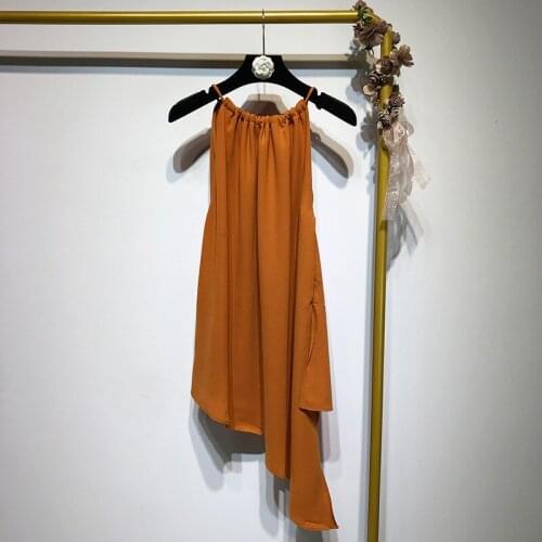 European Summer New Design Sense Hanging Neck Solid Color Strapless Sleeveless Irregular Mid-length Tops T-shirts Women 2021