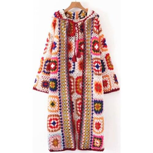 Aonibeier 2021 Za Woman Jacket Autumn Flowers Crocheted Knit Cardigan Open Stitch Hooded Mid-Length Drop Shoulder Loose Sweaters