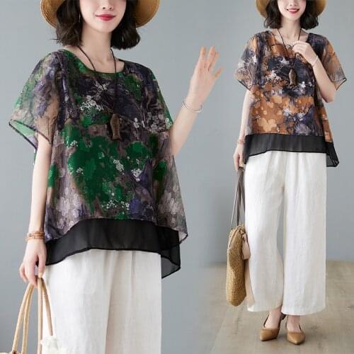Summer 2021 Women Print Green Chiffon Casual Shirts Pullover Loose Oversized Woman Clothes Green Coffee Blouse
