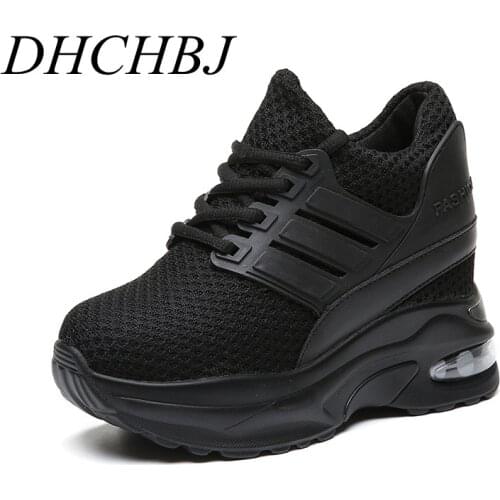New Thick Heel Platform Shoes Women Net Surface Casual Wild Shoes Lace-up Breathable Sneakers Wedge Air Cushion Sneakers