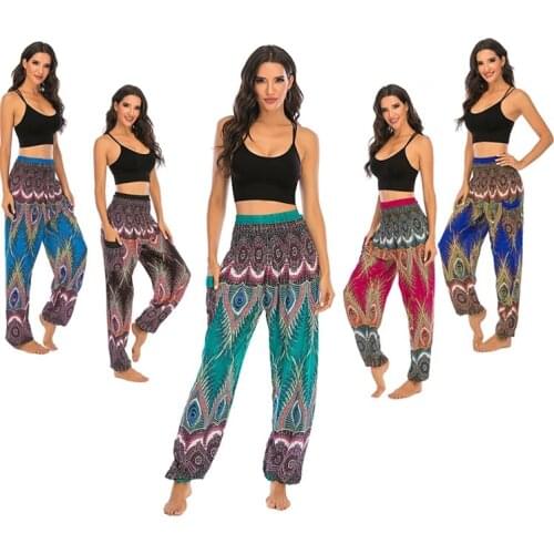 2021 New Women Loose Thai Harem Pants Indie Folk Boho Casual Trousers Loose Elastic Waist Soft National Style Lantern Pants