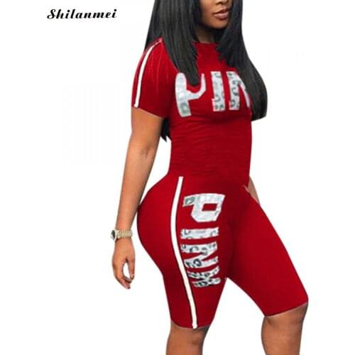 Red Blue Black Casual Women Tracksuit Summer Short Sleeve Crop Tops + Biker Shorts Pink Letter Print Two Piece Sets Women Outfit