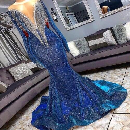 Luxury Beads Tassel Long Sleeve Mermaid Prom Dresses 2020 Sparkly Royal Blue sequins Prom Evening Gowns Vestido De Festa